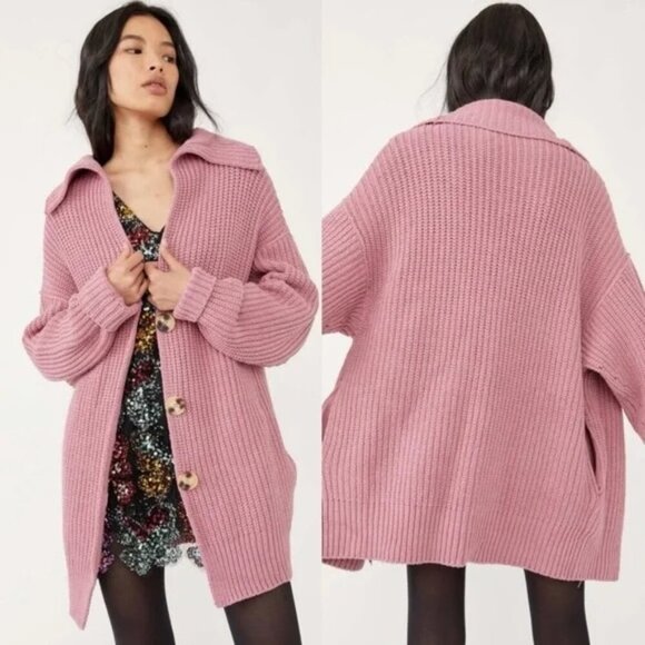 Free People Swim Too Deep Oversized Sweater Cardigan in Pink Size M - Picture 1 of 9